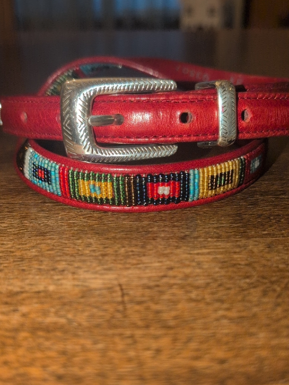 Vintage Brighton Red Leather Belt with Southwestern Beading Silver Buckle